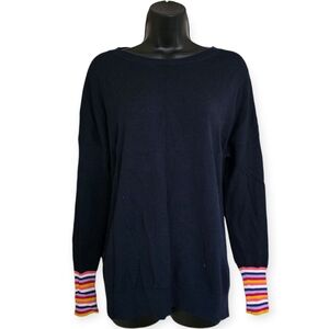 🧡Boden Navy Sweater with Multicolor Striped Cuffs☆